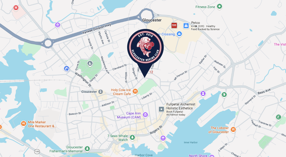 Map showing Gloucester Boxing Club at 12 Burnham Street
